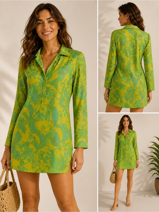 Hugo Buscati Dresses & Skirts - Hugo Buscati Vintage Y2K Lime Green and Teal Long Sleeve Tunic Dress Size 6 Silk